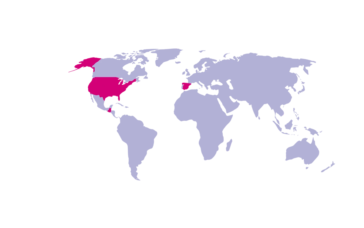 Mapa de presencia internacional de PINES&CHAPAS en España, Estados Unidos y Guatemala